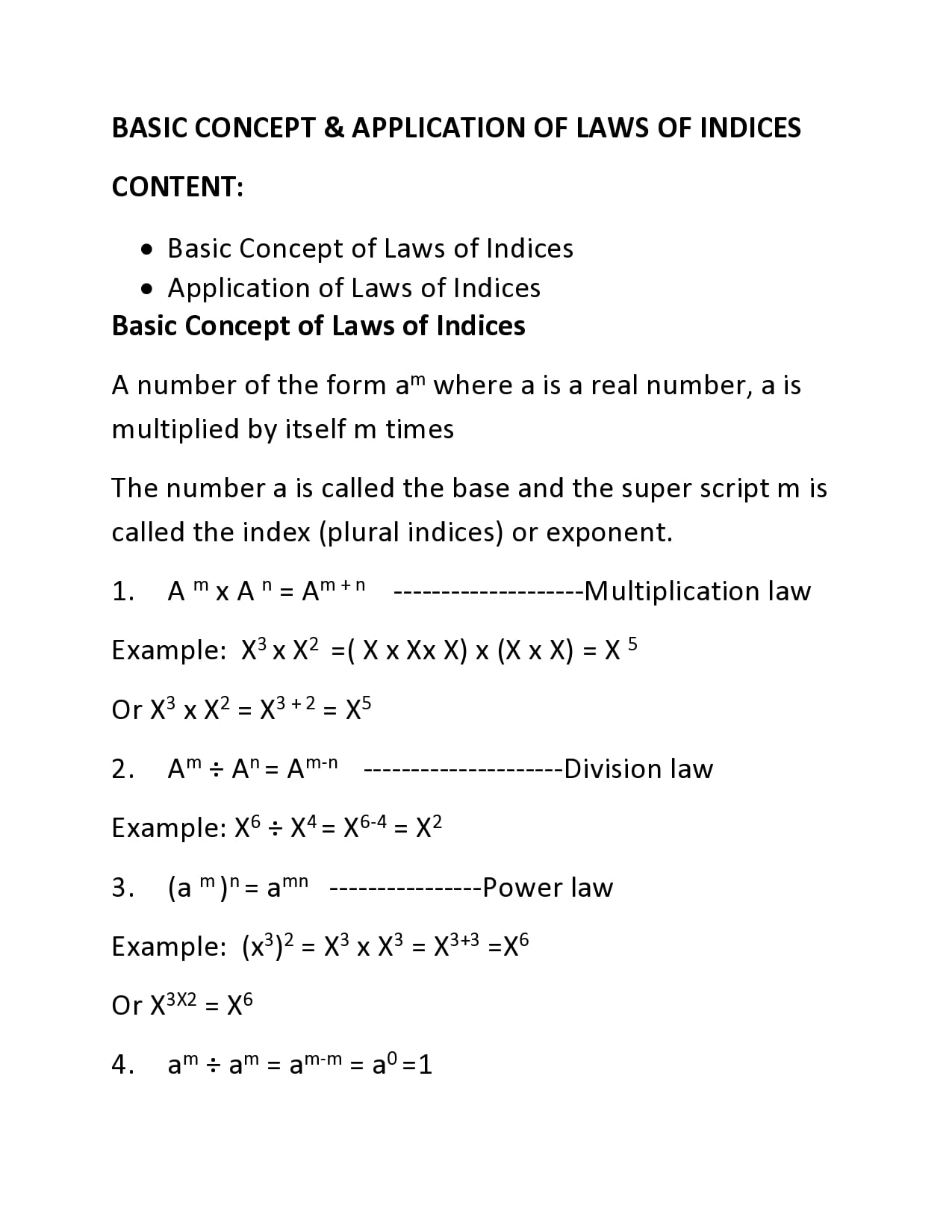BASIC CONCEPT & APPLICATION OF LAWS OF INDICES