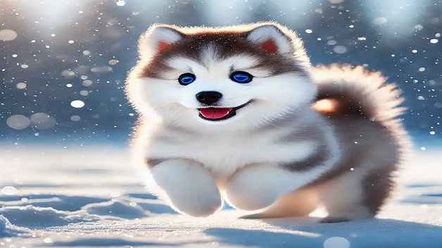 A Cute And Playful Siberian Husky Standing In A Snowy Landscape. The Dog Has Striking Blue Eyes, A Thick Fluffy Coat, And An Energetic Stance. Snowfla