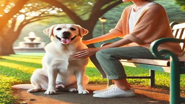 A Friendly Labrador Retriever Sitting Beside A Person On A Park Bench. The Person Is Gently Petting The Dog, And Both Appear Happy And Relaxed. The